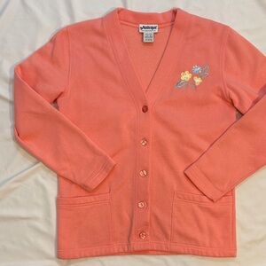 Vintage Girly Pink National Cardigan w/ Floral Embroidery, Chunky Buttons, Small